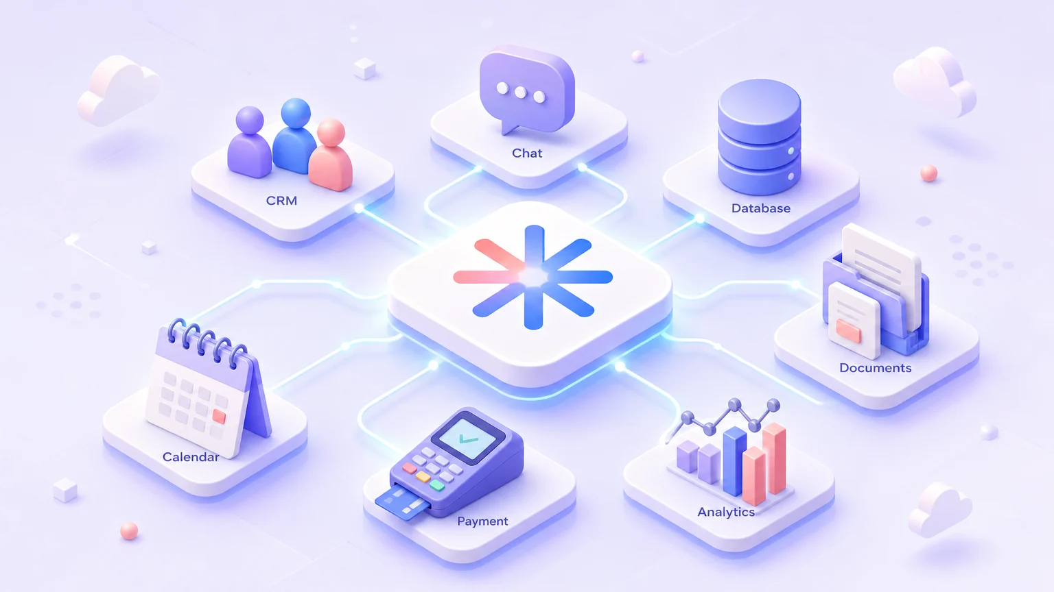 Агентный харнесс: ИИ-агент в центре, соединённый с CRM, базой данных, документами, чатом и аналитикой